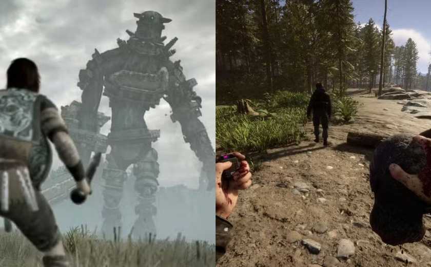 A combined image of gameplay from Shadow of the Colossus and The Forest
